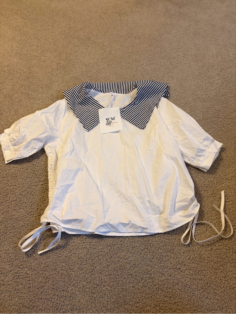 White Short-Sleeve Blouse with Navy-Striped Sailor Collar